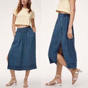 Aritzia Wilfred High-Rise Linen Lyocell Chambray Midi Skirt Side Slits Boho XS